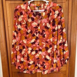 NYDJ Red Orange Floral Puff‑Sleeve Blouse Plus 4X NWT Statement Top